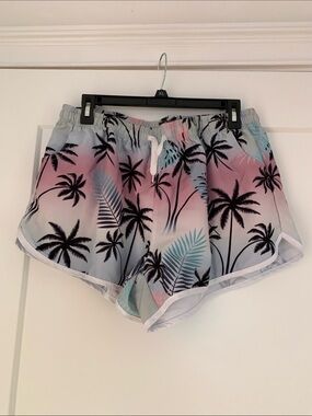 Tropical Palm Print Men’s Swim Trunks - Pink Gradient